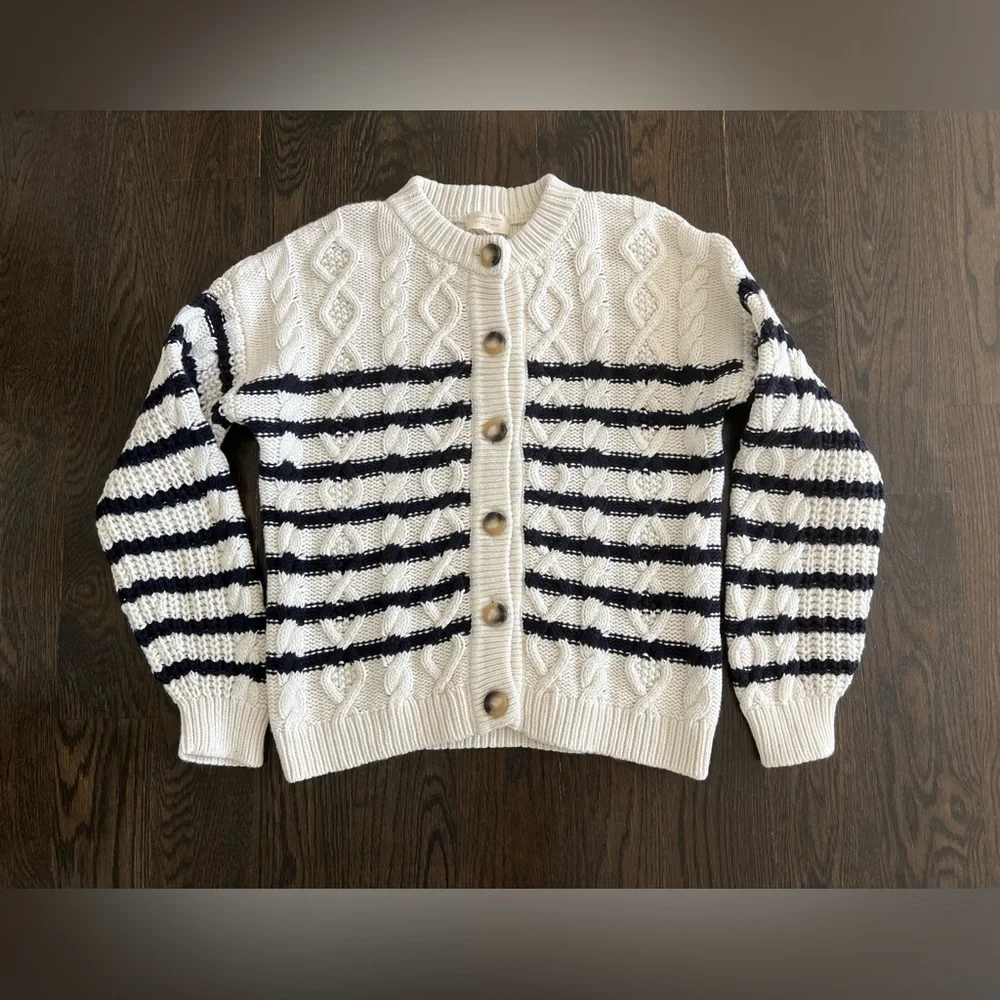 Sezane Sean Cardigan Sz S in Ecru Navy Blue - Picture 2 of 9